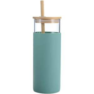A drink bottle in a soft green shade with a glass body and a bamboo lid featuring a straw.