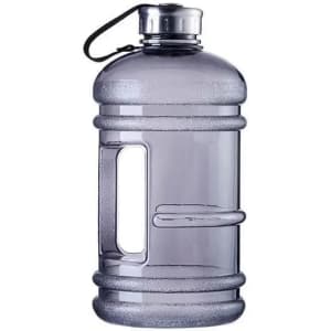 A drink bottle with a transparent grey body, featuring a handle and a lid. It has a branding logo.