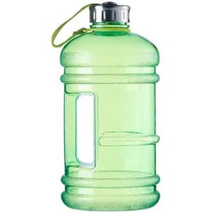 A green 2.2 litre gym bottle featuring a handle and a silver lid, with a small branding logo.