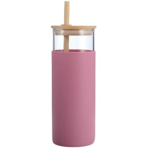 A drink bottle with a pink silicone exterior and a transparent glass inner, featuring a bamboo lid and straw.