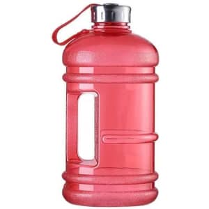A drink bottle in transparent red plastic, featuring a handle and a metal lid, with a logo on the side.