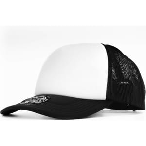 A black and white cap featuring a mesh back and a logo on the front.