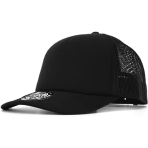 A black cap featuring a mesh panel and a logo on the front.