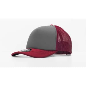 A cap with a grey front and maroon mesh back, featuring a logo on the front panel.