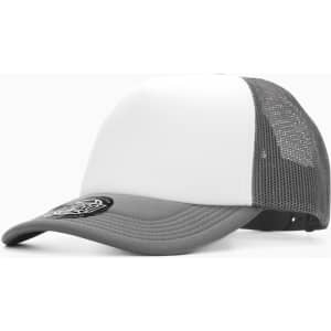 A grey and white cap with a mesh back and a logo on the front.