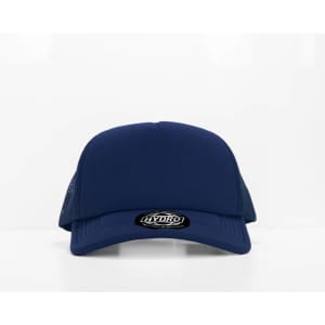 A navy blue cap with mesh sides and a logo on the front.