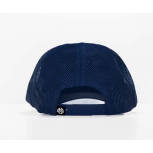 A navy blue cap with a mesh design and an adjustable strap at the back, featuring a small logo.