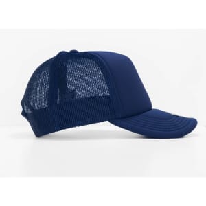 A blue cap featuring a solid front and mesh back, with a logo on the front.
