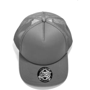 A grey cap with a mesh back and a circular logo on the front.