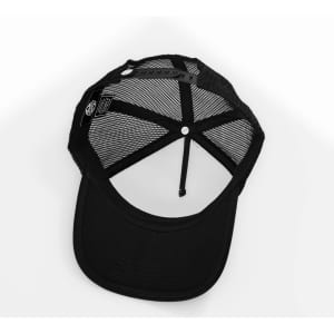 A black cap with a mesh back, featuring a branding logo inside.