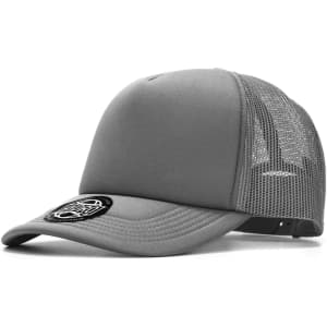 A grey cap with a mesh back and a logo on the front. Suitable for headwear and outdoor activities.