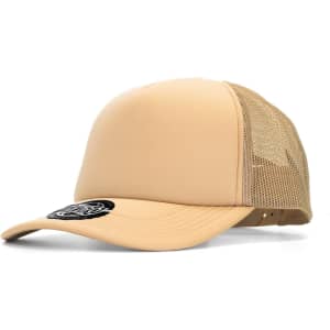 A beige cap with a mesh back, featuring a logo on the front.