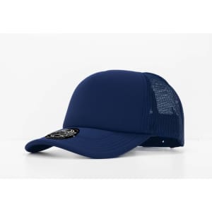 A navy cap with a mesh back and a logo on the front.