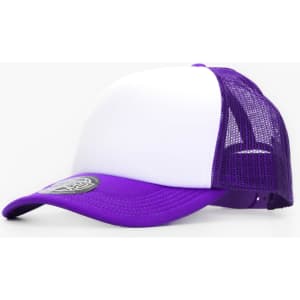 A purple and white cap featuring a mesh back and a logo on the front.