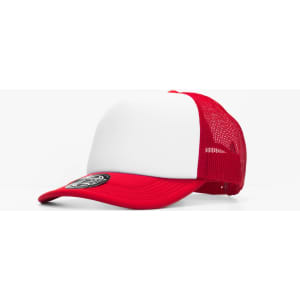 A red and white cap with a mesh back and a logo on the front.