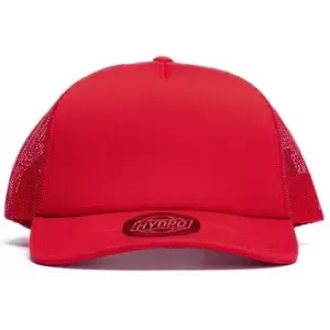 A red cap with mesh panels and a branded logo on the front.