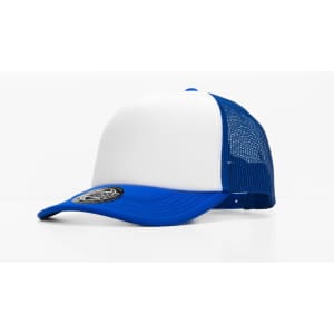 A blue and white cap with a mesh back, featuring a logo on the front.