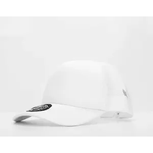 A white cap with a mesh back and a logo on the front, positioned at an angle.