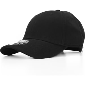 A black cap featuring a logo, displayed at an angle on a white background.