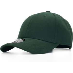 A green cap with a curved brim, featuring a logo on the side.