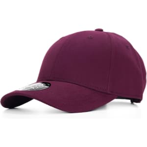 A maroon cap with a curved brim and an adjustable strap, featuring a logo on the front.
