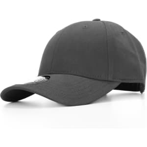 A black cap featuring a curved brim and an adjustable strap at the back, with a logo present.