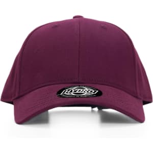 A maroon cap with a curved brim and a logo on the front.