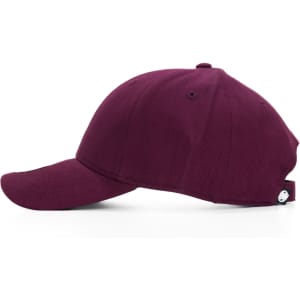 A burgundy cap featuring a curved brim and an adjustable back strap, with a logo on the side.