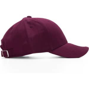 A maroon cap with a curved brim and an adjustable strap at the back, featuring a logo.
