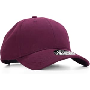 A maroon cap featuring a curved brim and an adjustable strap at the back, with a logo on the front.