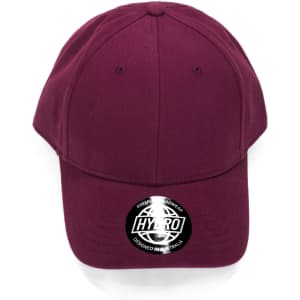 A maroon cap with a rounded crown and a logo on the front. The cap has a smooth texture and no visible embellishments.