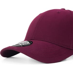 A burgundy cap with a curved brim and a branded patch on the front.