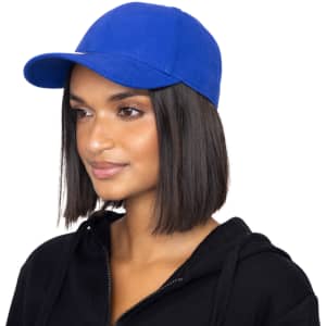 A blue baseball cap with a curved peak and a logo, worn by a model against a white background.