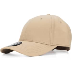 A tan cap with a structured crown and curved brim, featuring a logo on the side.