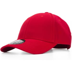 A red cap with a curved brim and a logo on the side.