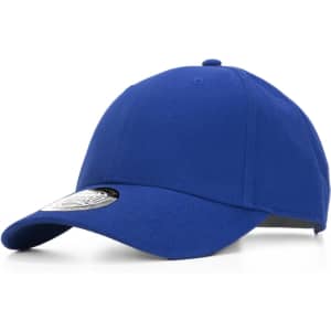 A blue cap with a curved brim and an adjustable strap, featuring a logo on the front.