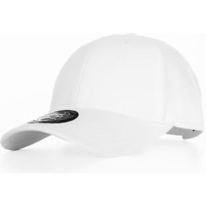 A white cap with a curved brim and a logo on the front, featuring a clean and simple design.