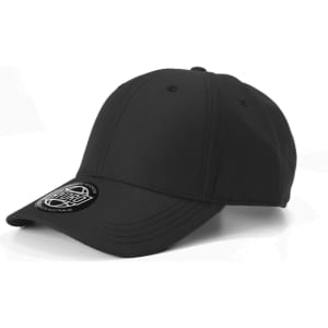 A black cap featuring a logo on the front, designed for headwear promotion.