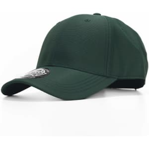 A green cap with a structured design, featuring a logo on the side and a curved brim.