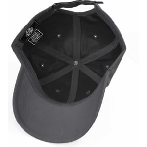 A black cap with a logo, viewed from above, showing the interior structure.