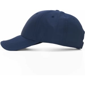 A navy blue cap with a curved brim and a textured finish, featuring a logo on the side.