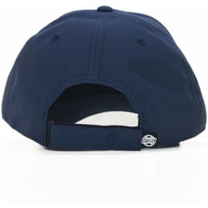 A navy blue cap with a rear adjustable strap and a logo on the side.