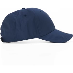 A navy cap with a structured design, featuring a curved brim and a logo on the side.