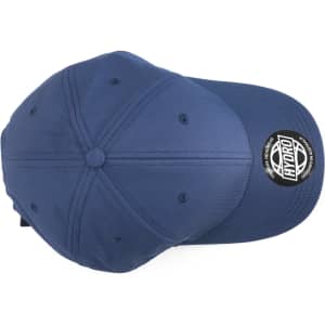 A navy cap with a rounded top and a branded logo on the side.