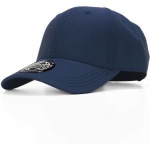 A navy blue cap with a curved brim and a branded logo on the side.