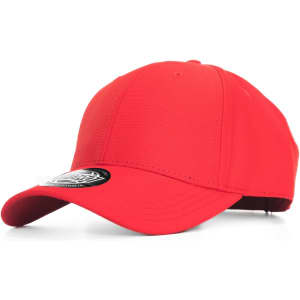 A red cap with a curved brim and a logo on the side.