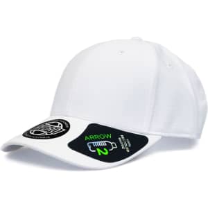 A white cap with a structured design and a logo on the side. It features a curved brim and a branded tag.