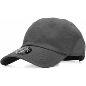 A grey cap with a curved brim and a logo on the front, featuring a textured fabric.