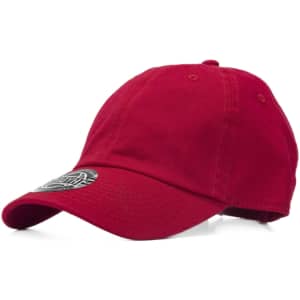 A red cap with an adjustable strap and a logo on the front.