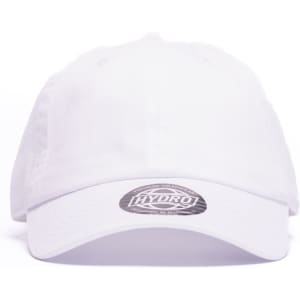 A white cap with a curved brim and a logo on the front side. The cap features a classic design.